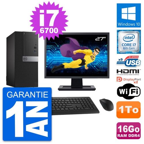 PC Tour Dell 7050 Ecran 27" i7-6700 RAM 16Go Disque 1To HDMI Windows 10 Wifi