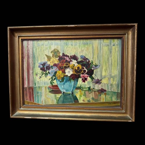 Tableau peinture nature morte G Lang 1947 vert