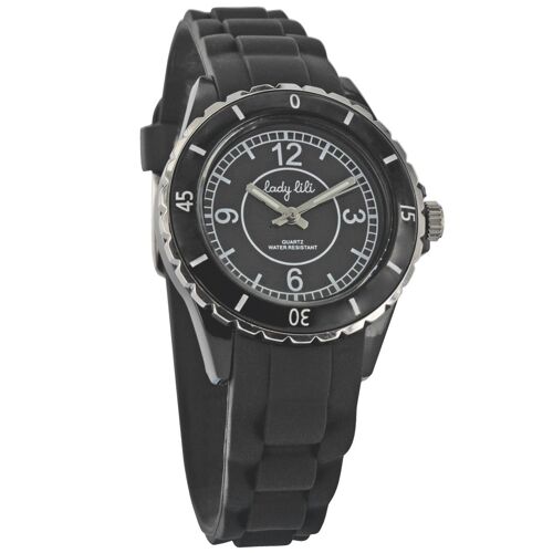 Lady Lili - Montre  Femme  Boîtier Plastique Noir, Bracelet Silicone Noir