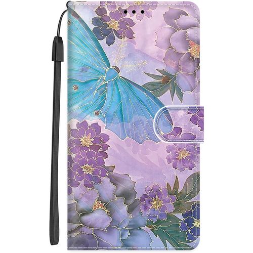 Coque Pour Samsung Galaxy A14 5g 6,6 Pouces Pu Cuir A Rabat Housse Etui Avec Mignonne Motif Dessin Design, Antichoc Portefeuille Etui Flip Folio Case Cover Pour Galaxy A14 5g, Papillon Bleu