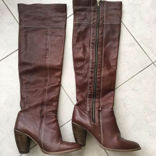 Bottes Hautes Cuissardes Cuir Souple Marron Taille 37