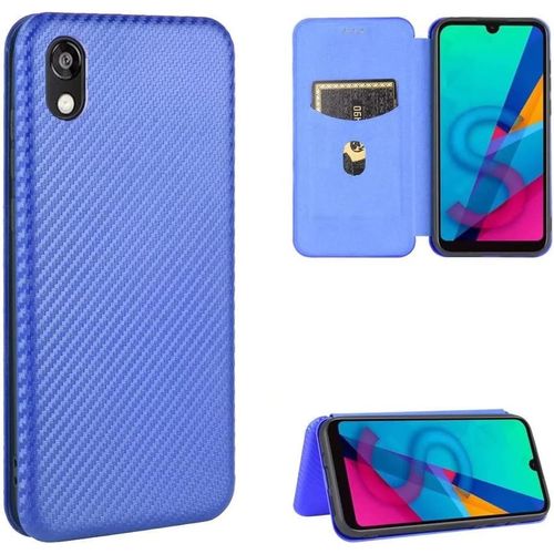 Compatible Avec Coque Huawei Honor Play 3e, Mince Flip Fibre De Carbone [Test De Chute] Antichoc Stand Fente Avec Carte, Protecteur D'écran En Verre Trempé*2-Bleu