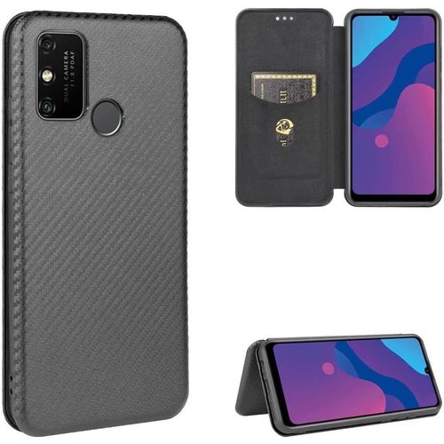 Compatible Avec Coque Huawei Honor Play 9a, Mince Flip Fibre De Carbone [Test De Chute] Antichoc Stand Fente Avec Carte, Protecteur D'écran En Verre Trempé*2-Noir