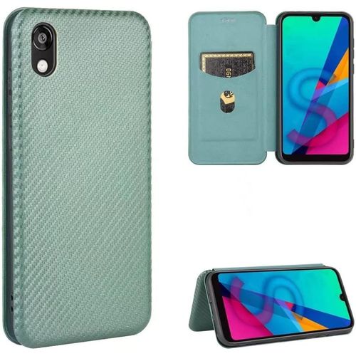 Compatible Avec Coque Huawei Honor Play 8, Mince Flip Fibre De Carbone [Test De Chute] Antichoc Stand Fente Avec Carte, Protecteur D'écran En Verre Trempé*2-Vert