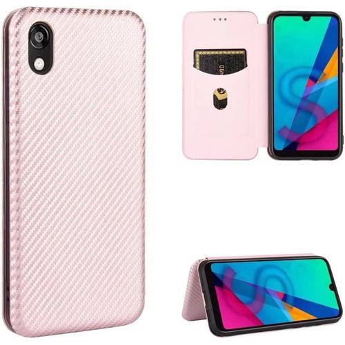 Compatible Avec Coque Huawei Honor Play 3e, Mince Flip Fibre De Carbone [Test De Chute] Antichoc Stand Fente Avec Carte, Protecteur D'écran En Verre Trempé*2-Or Rose