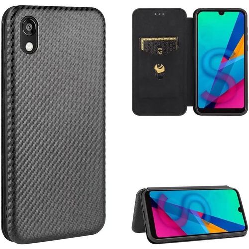 Compatible Avec Coque Huawei Honor Play 8, Mince Flip Fibre De Carbone [Test De Chute] Antichoc Stand Fente Avec Carte, Protecteur D'écran En Verre Trempé*2-Noir