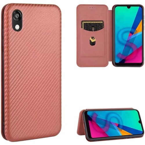 Compatible Avec Coque Huawei Honor Play 8, Mince Flip Fibre De Carbone [Test De Chute] Antichoc Stand Fente Avec Carte, Protecteur D'écran En Verre Trempé*2-Marron