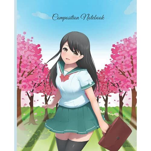 Kawaii Notebook: A High School Student On Her Way To School - College Ruled 7.5x9.25 Notebook 120 Pages: A Cute / Kawaii High School Student On Her Way To School Along The Cherry Blossom Trees