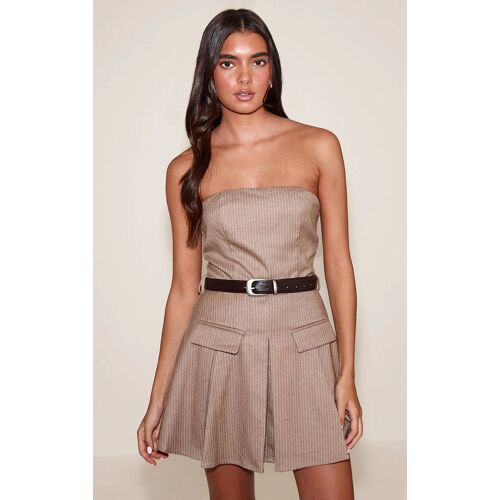 Robe Bustier Droite Marron À Fines Rayures Et Ceinture, Marron