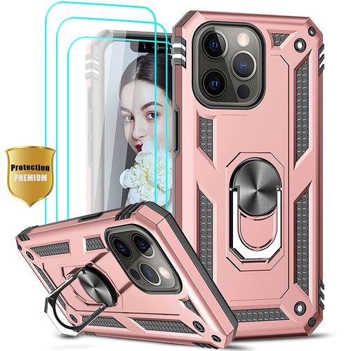 Coque iPhone 13 Pro Rose Resistante Antichoc avec Support Magnetique + 2x Verre Trempe