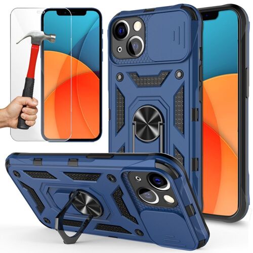 Coque Pour Iphone 13 (6.1') Bleu Marine Rigide Antichoc Avec Anneau Support Et 2 Verres Trempes