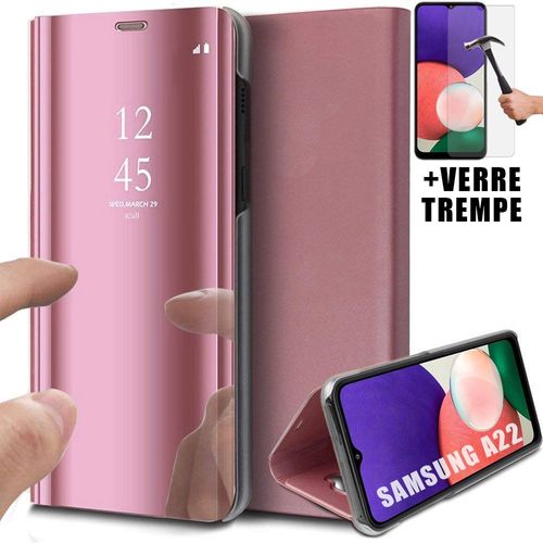 Lot Coque Samsung A22 5G Effet Miroir Protection Anti Choc Flip Rose + Verre Trempe