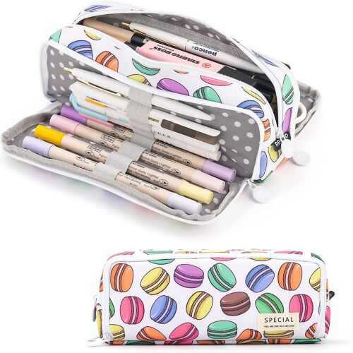 Grand Étui À Crayons Grande Capacité 3 Compartiments Pochette À Crayons En Toile Pour Adolescents Garçons Filles Écoliers (Macaron Blanc)