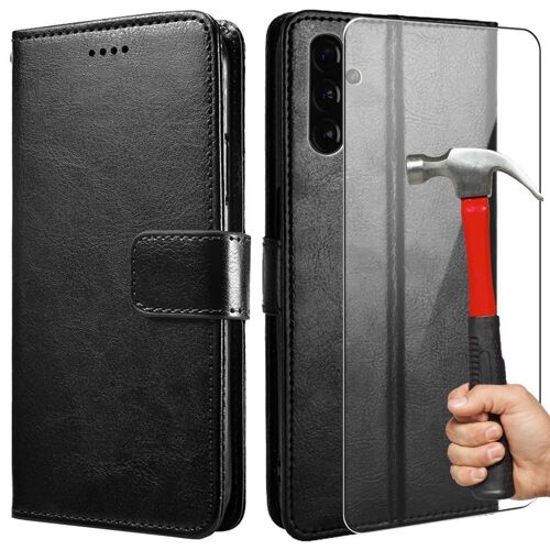 Coque Samsung A13 5g Portefeuille Support Noir Effet Cuir Et Verre Trempe