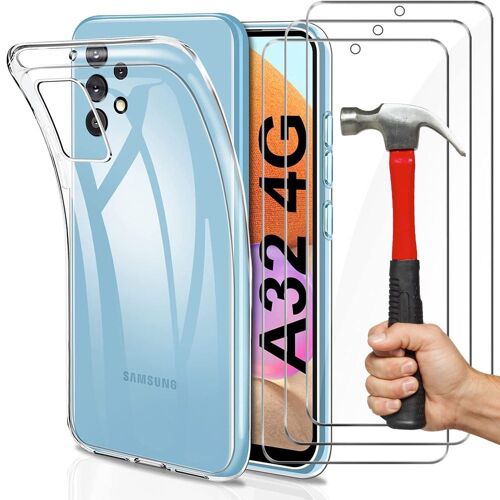 Pack Coque Transparente Samsung A32 4g (6,4') Verre Trempe Inclu Souple Protection Renforcee Anti Choc Silicone