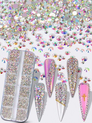 3600pcs Nail Art Strasss Ab Nail Crystals Round Shaped Flatback Gems Stones 6 Tailles Avec Boîte Pour Nail Design Craft Shoes (Crystal Ab)