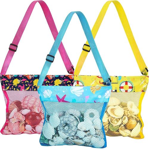 Sac de coquille en maille de plage, 3pcs Sacs de coquillages portables en 3 couleurs, avec sacs de plage en maille réglable pour la collecte de coquillages, le stockage de fruits, de légumes ou de jou
