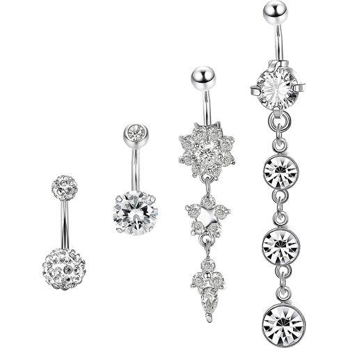 4 Pcs Acier Inoxydable Dangle Belly Button Anneaux Navel Pour Femmes Curved Barbell Piercing 14g Cz Piercing Set