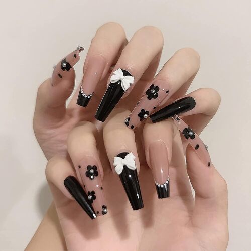 24 Pcs Press On Nails Coffin Pour Femmes, Extra Long Faux Ongles Colle Sur Les Ongles, Faux Ongles Avec Colle (Fleur Rose Mixte Noire) 