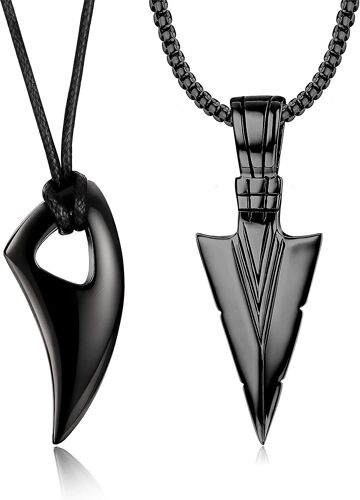 2pcs Collier Pendentif En Acier Inoxydable Pour Hommes Spearpoint Arrowhead Wolf Dents Pendentif Collier Chaîne Ensemble