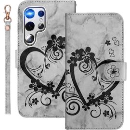 Kal-Etui Coque Pour Samsung Galaxy S22 Ultra 5g (6.8 Pouces),Protection Housse En Marbre Fleurs Motif Pu Cuir Antichoc Tpu Etui Portefeuille Avec [Béquille] [Fentes Pour Cartes],Noir