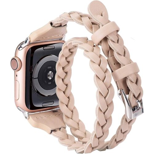 Heyteadouble Bracelet En Cuir Compatible Avec Apple Watch 38mm 40mm 41mm, Femmes Filles Tissées Mince Bracelet De Montre En Cuir Double Tour De Remplacement Pour