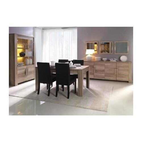 Salle À Manger Complète Farra. Buffet + Vitrine/Vaisselier + Miroirs X3 + Table En 160 Cm. Mobilier Contemporain Et Design.