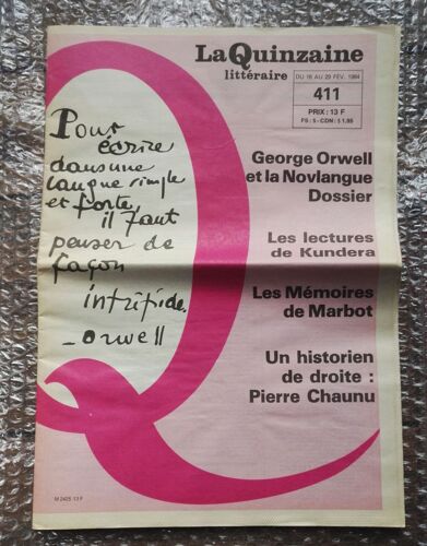 La Quinzaine Littéraire N°411 : Dossier George Orwell Et La Novlangue (8 Pages)