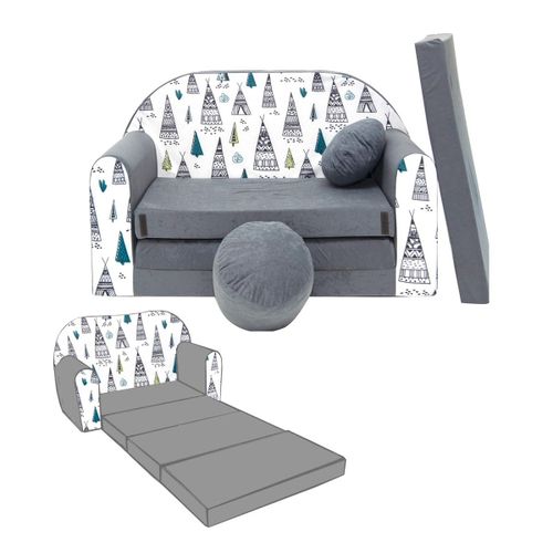 Nino Canapé Convertible Lit Pour Enfant Avec Pouf Et Coussin Oeko-Tex Gris Avec Tipi