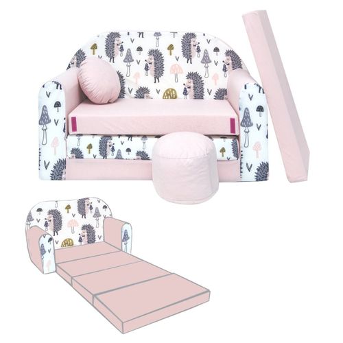 Nino Canapé Convertible Lit Pour Enfant Avec Pouf Et Coussin Oeko-Tex Hérissons Rose Clair