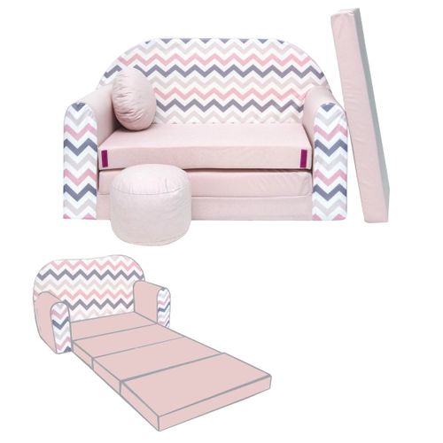 Nino Canapé Convertible Lit Pour Enfant Avec Pouf Et Coussin Oeko-Tex Rose Avec Zigzag