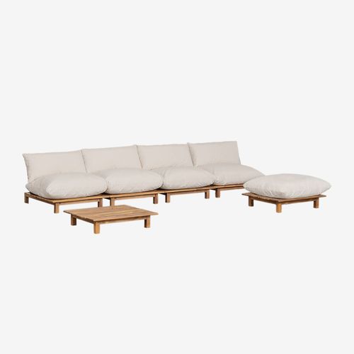 Canapé De Jardin Inclinable Modulable 4 Pièces Avec Table Basse Et Pouf En Bois D'acacia Brina Beige Crème