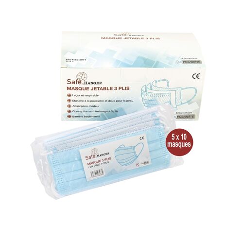 Boîte de 50 masques jetables 3 plis CE EN 14683 TYPE II BFE supérieure à 98% - SAFE BY HANGER - MASQUES1