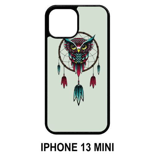Coque iphone 13 mini - dreamcatcher hibou tribal - silicone - noir