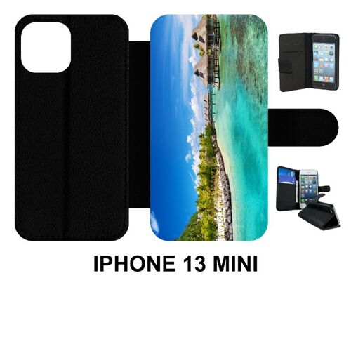 Etui À Rabat Iphone 13 Mini - Cadre Paradisiaque Cases Sur Piloties - Simili-Cuir - Noir