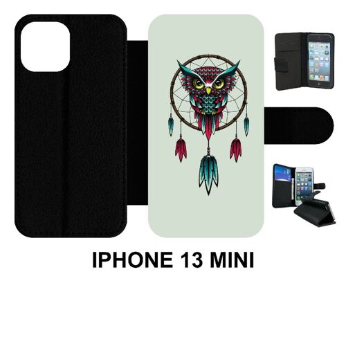 Etui À Rabat Iphone 13 Mini - Dreamcatcher Hibou Tribal - Simili-Cuir - Noir