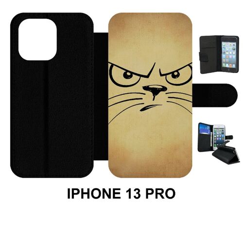 Etui À Rabat Iphone 13 Pro - Smiley Chat - Simili-Cuir - Noir