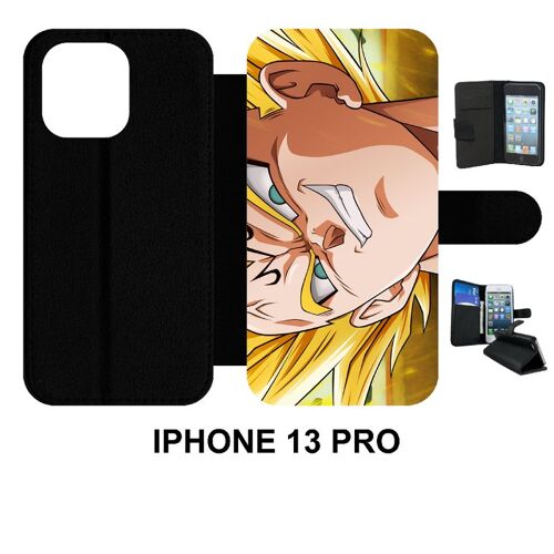 Etui À Rabat Iphone 13 Pro - Dbz Majin Vegeta Super Sayen - Simili-Cuir - Noir