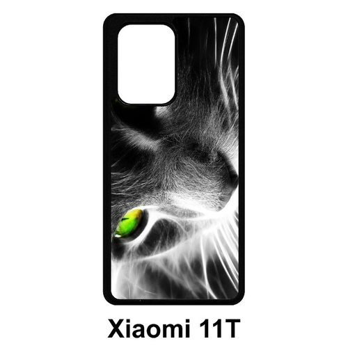 Coque Pour Xiaomi 11t - Chat Noir Et Blanc Yeux Vert - Silicone - Noir