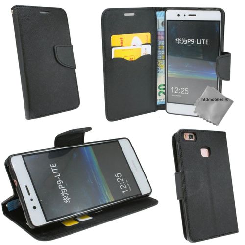 Housse Etui Coque Pochette Portefeuille Pour Huawei P9 Lite + Film Ecran - Noir / Noir