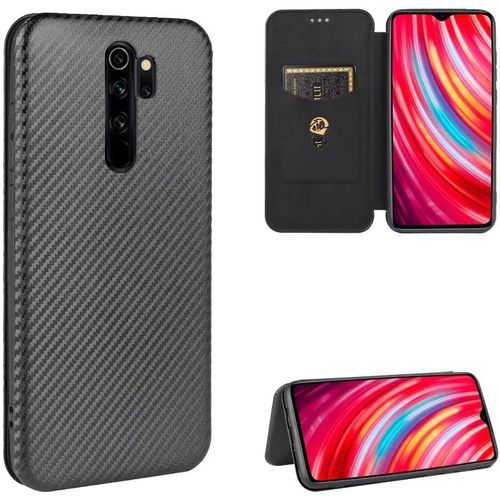 Compatible Avec Coque Xiaomi Redmi Note 8 Pro, Mince Flip Fibre De Carbone [Test De Chute] Antichoc Stand Fente Avec Carte, Protecteur D'écran En Verre Trempé*2-Noir