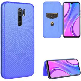 Compatible Avec Coque Xiaomi Redmi 9, Mince Flip Fibre De Carbone [Test De Chute] Antichoc Stand Fente Avec Carte, Protecteur D'écran En Verre Trempé*2-Bleu