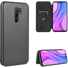 Compatible Avec Coque Xiaomi Redmi 9, Mince Flip Fibre De Carbone [Test De Chute] Antichoc Stand Fente Avec Carte, Protecteur D'écran En Verre Trempé*2-Noir