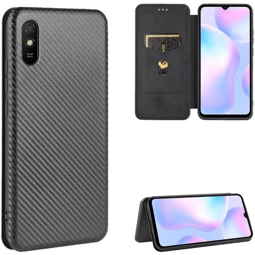 Compatible Avec Coque Xiaomi Redmi 9a, Mince Flip Fibre De Carbone [Test De Chute] Antichoc Stand Fente Avec Carte, Protecteur D'écran En Verre Trempé*2-Noir