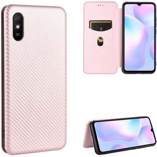 Compatible Avec Coque Xiaomi Redmi 9a, Mince Flip Fibre De Carbone [Test De Chute] Antichoc Stand Fente Avec Carte, Protecteur D'écran En Verre Trempé*2-Or Rose