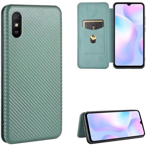 Compatible Avec Coque Xiaomi Redmi 9a, Mince Flip Fibre De Carbone [Test De Chute] Antichoc Stand Fente Avec Carte, Protecteur D'écran En Verre Trempé*2-Vert