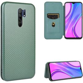 Compatible Avec Coque Xiaomi Redmi 9, Mince Flip Fibre De Carbone [Test De Chute] Antichoc Stand Fente Avec Carte, Protecteur D'écran En Verre Trempé*2-Vert