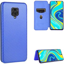 Compatible Avec Coque Xiaomi Redmi Note 9 Pro 4g, Mince Flip Fibre De Carbone [Test De Chute] Antichoc Stand Fente Avec Carte, Protecteur D'écran En Verre Trempé*2-Bleu