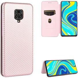 Compatible Avec Coque Xiaomi Redmi Note 9 Pro Max, Mince Flip Fibre De Carbone [Test De Chute] Antichoc Stand Fente Avec Carte, Protecteur D'écran En Verre Trempé*2-Or Rose