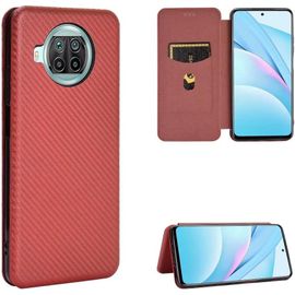 Compatible Avec Coque Xiaomi Redmi Note 9 Pro 5g, Mince Flip Fibre De Carbone [Test De Chute] Antichoc Stand Fente Avec Carte, Protecteur D'écran En Verre Trempé*2-Marron